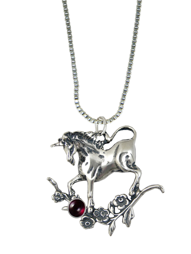 Sterling Silver Unicorn Pendant With Garnet